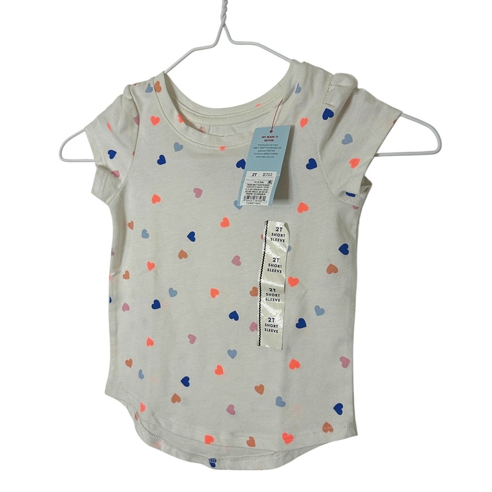 Cat & Jack Toddler Girls 2T Cream Multi Heart Print Short Sleeve T-Shirt NWT